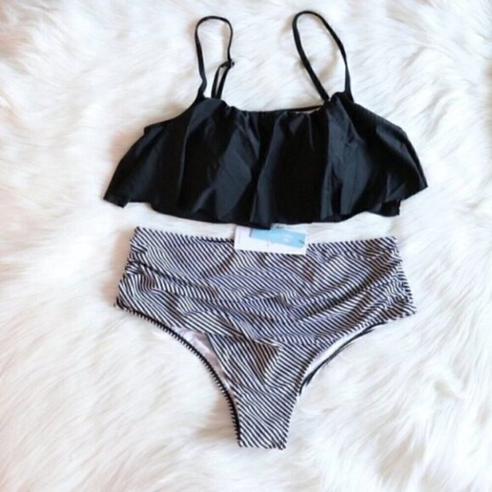 NEW Black White Tankini Bathing Suit Set Size 1X Stripe High Waisted Plus Size - Picture 4 of 8